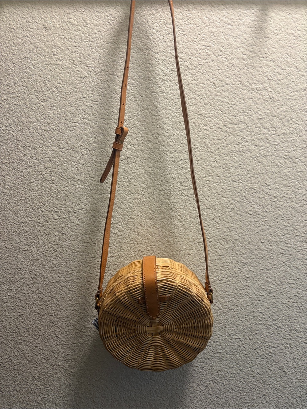 JCREW Woven Round Straw Crossbody Bag with Tan Leather Strap